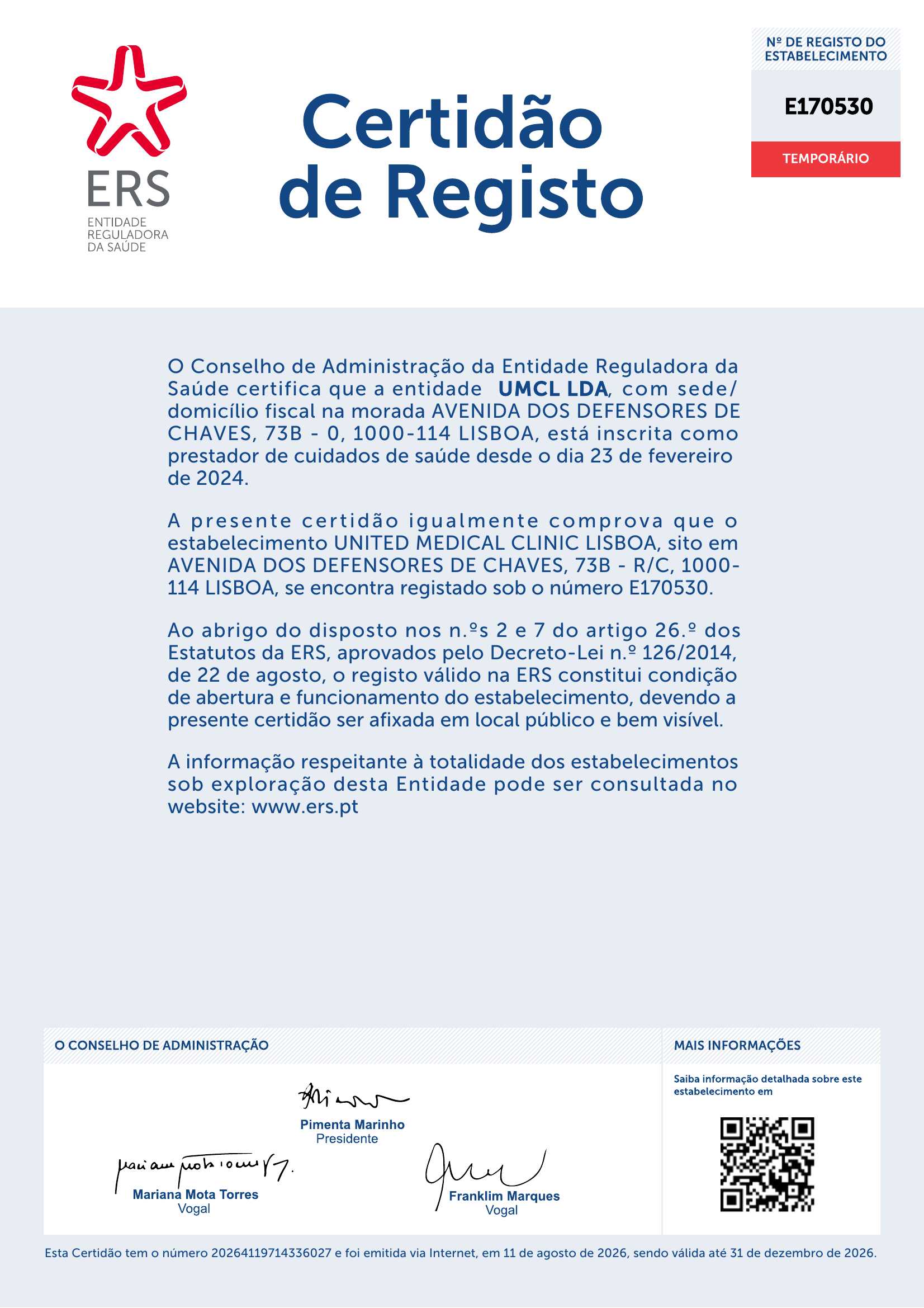 Certidão de Registo E170530 — United Medical Clinic Lisboa