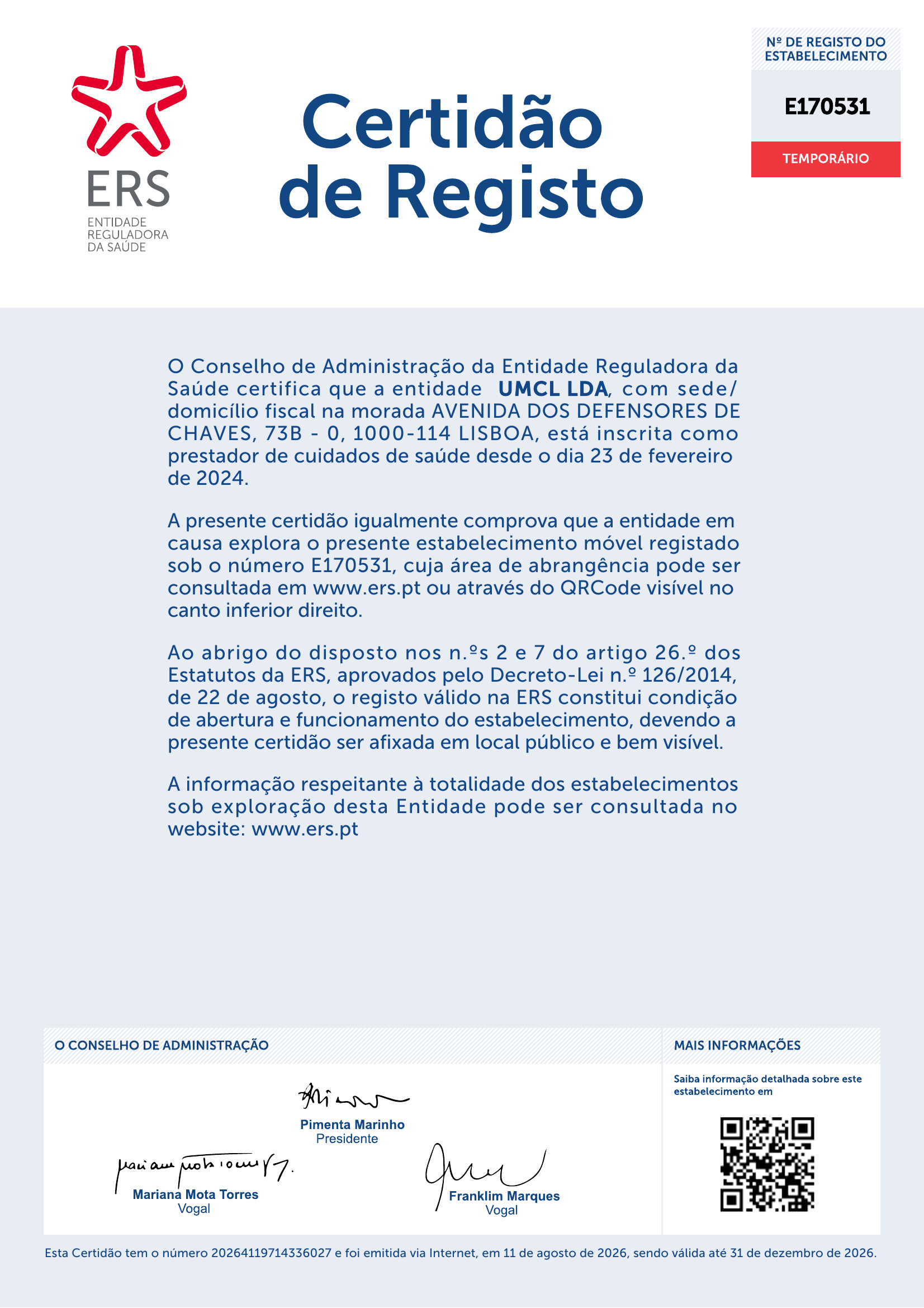 Certidão de Registo E170531 — Estabelecimento móvel